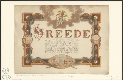 Pennekunst op de vrede in 1813 by anonymous, drawing, 1787