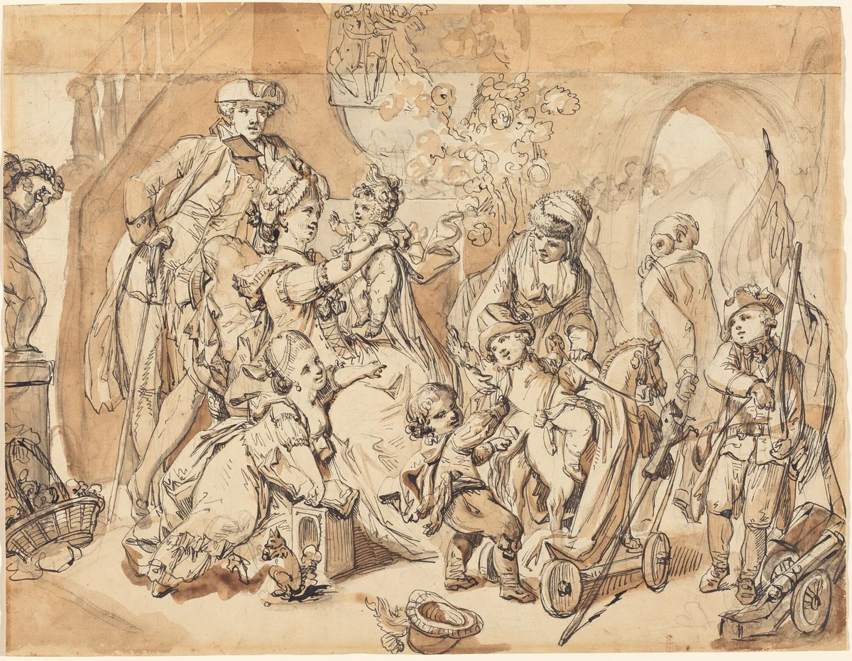 The Happy Family with Children Playing by Johann Eleazar Schenau, drawing, 1737-1806