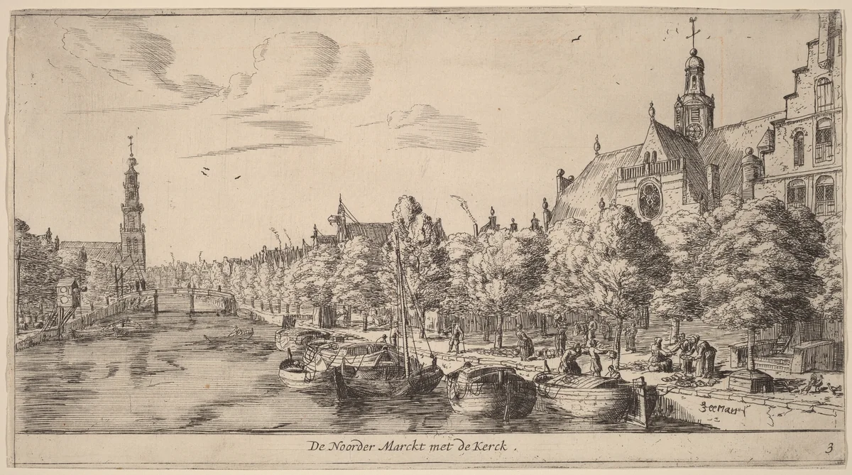 Noordenmarkt with the Noorden Kerk (De Noorder Marckt met de Kerck) by Reinier Nooms, print, 1623-1667