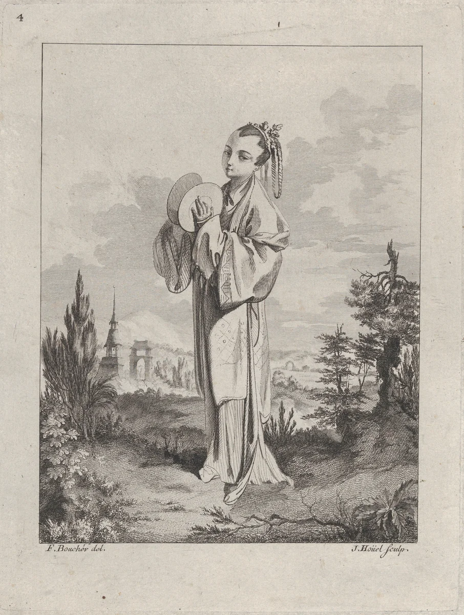 Chinoiserie with a woman holding cymbals, from Suite de Figures Chinoises. . .Tiré du Cabinet de Mr. d'Azaincourt (Series of Chinoiserie Figures. . .From the Chambers of Mr. d'Azaincourt), plate 4 by Jean-Pierre-Louis-Laurent Hoüel, print, 1755-1776