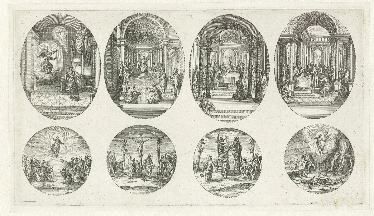 Vier scènes uit het leven van Maria en vier Passiescènes: Annunciatie, De twaalfjarige Christus in de tempel, Besnijdenis van Christus, Presentatie van Christus in de tempel, Hemelvaart, Kruisiging, Kruisafneming, Opstanding by Jacques Callot, print, 1631