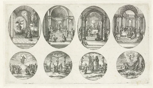 Vier scènes uit het leven van Maria en vier Passiescènes: Annunciatie, De twaalfjarige Christus in de tempel, Besnijdenis van Christus, Presentatie van Christus in de tempel, Hemelvaart, Kruisiging, Kruisafneming, Opstanding by Jacques Callot, print, 1631
