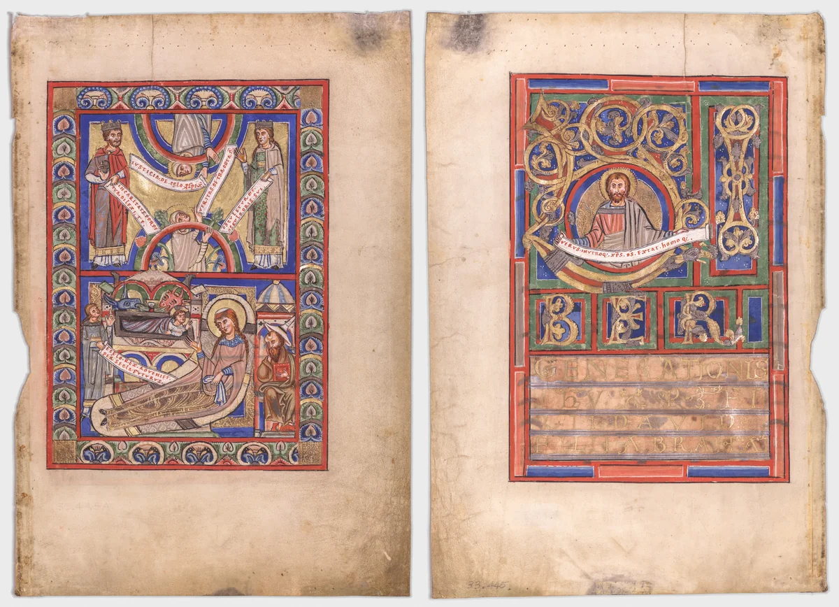 Single Leaf Excised from a Gospel Book: The Nativity (recto) and St. Matthew (verso) by Unknown, manuscript, 1185-1195