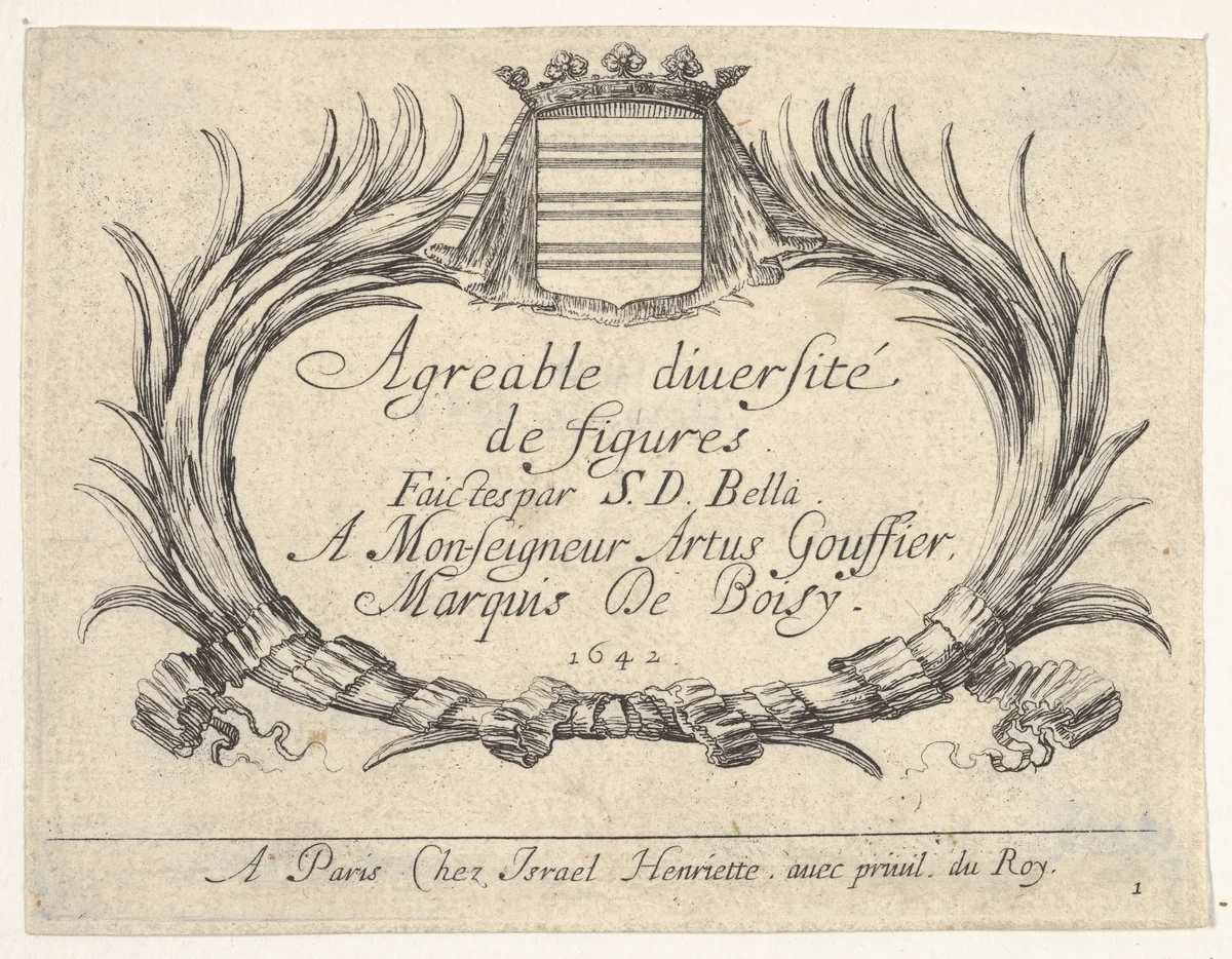 Plate 1: Two palms and a coat of arms frame the title and dedication, title page for "Various Figures" (Agréable diversité de figures) by Stefano della Bella, print, 1642