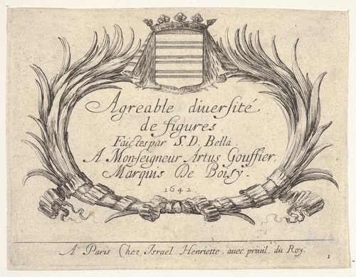 Plate 1: Two palms and a coat of arms frame the title and dedication, title page for "Various Figures" (Agréable diversité de figures) by Stefano della Bella, print, 1642