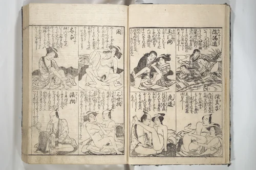 Erotica; Compendium Guide to the Brothels of Osaka (Keiryaku ōzassho gyokumon taisei) 閨暦大雑書玉門大成 by Kitao Shigemasa (北尾重政), book, 1765-1775