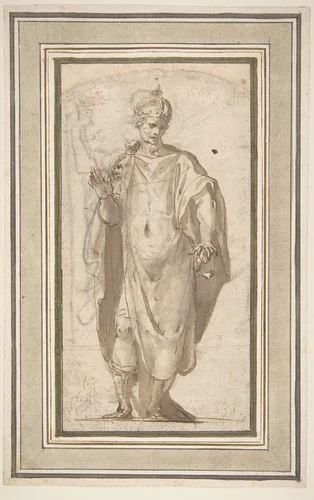 Standing Figure of a Warrior King by Cesare Nebbia, drawing, 1536-1614