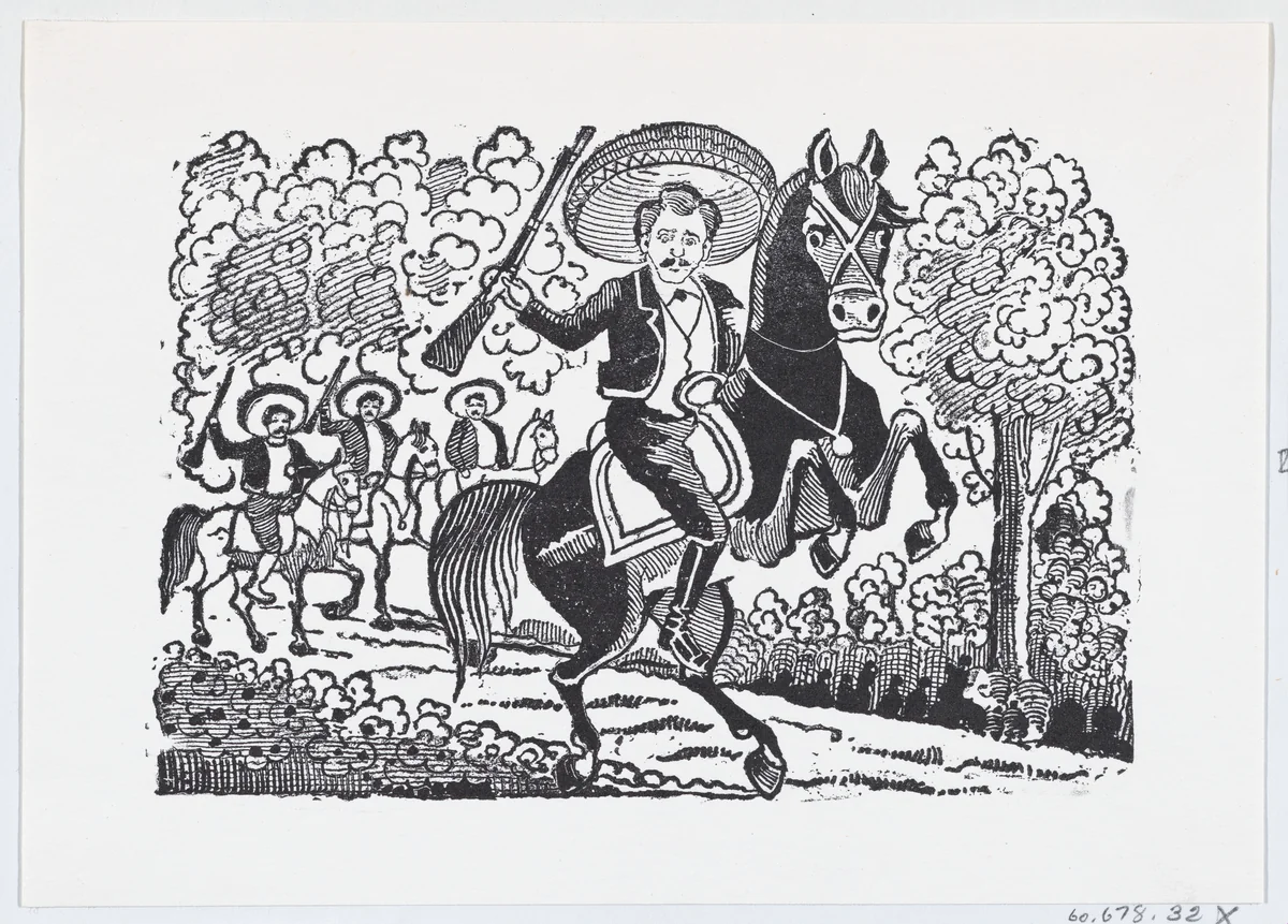 A revolutionary soldier on horseback with a rifle (Heraclio Bernal) by José Guadalupe Posada, print, 1852-1913