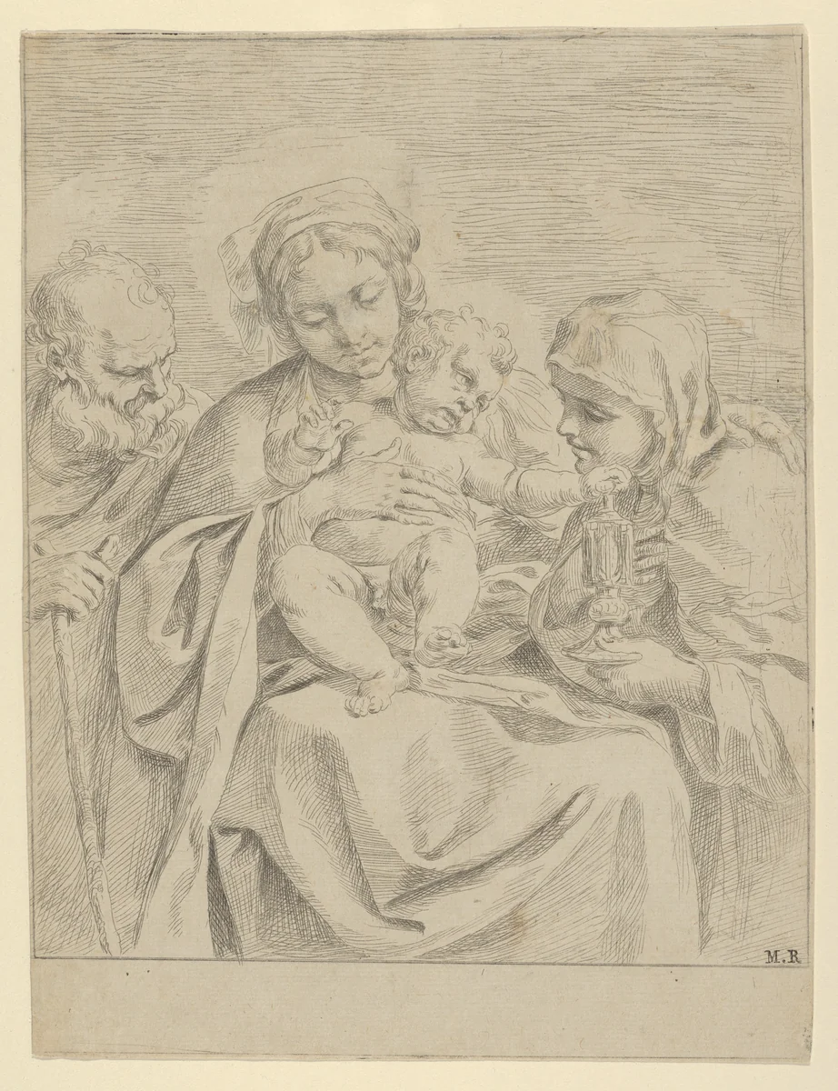The Holy Family with Saint Clare (counterproof) by Guido Reni, print, 1590-1600