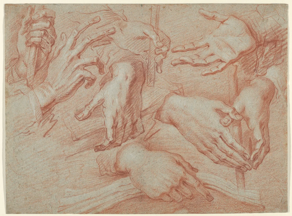 Study of Hands (recto); Study for a Reclining St. Francis (verso) by Daniele Crespi, drawing, 1623-1633