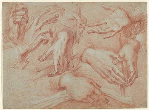 Study of Hands (recto); Study for a Reclining St. Francis (verso) by Daniele Crespi, drawing, 1623-1633