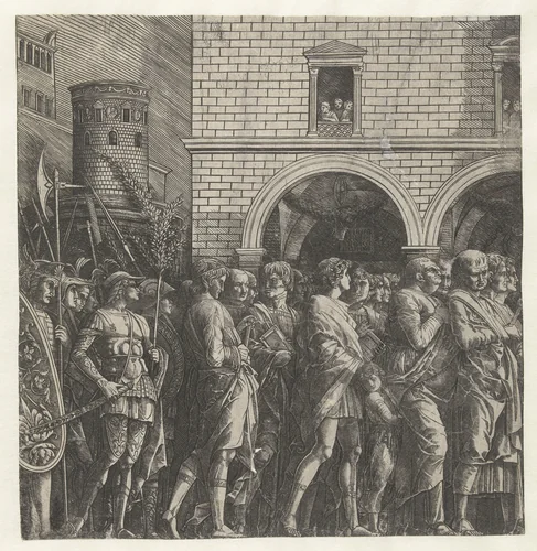 Senatoren in triomftocht van Julius Caesar by Unknown, print, 1486-1492