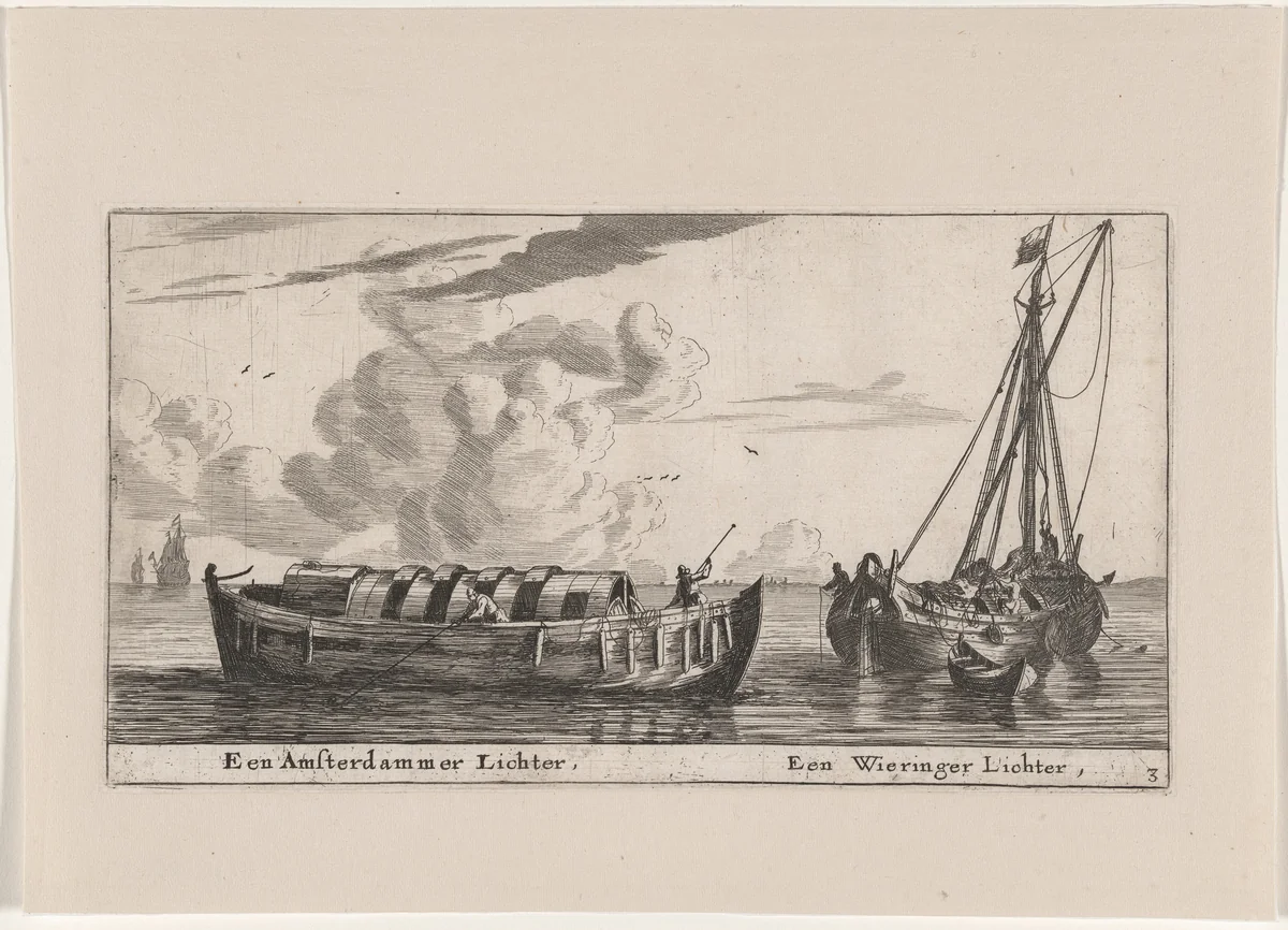 An Amsterdam Lighter and a Wieringer Lighter by Reinier Nooms, print, 1647-1657