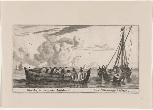 An Amsterdam Lighter and a Wieringer Lighter by Reinier Nooms, print, 1647-1657