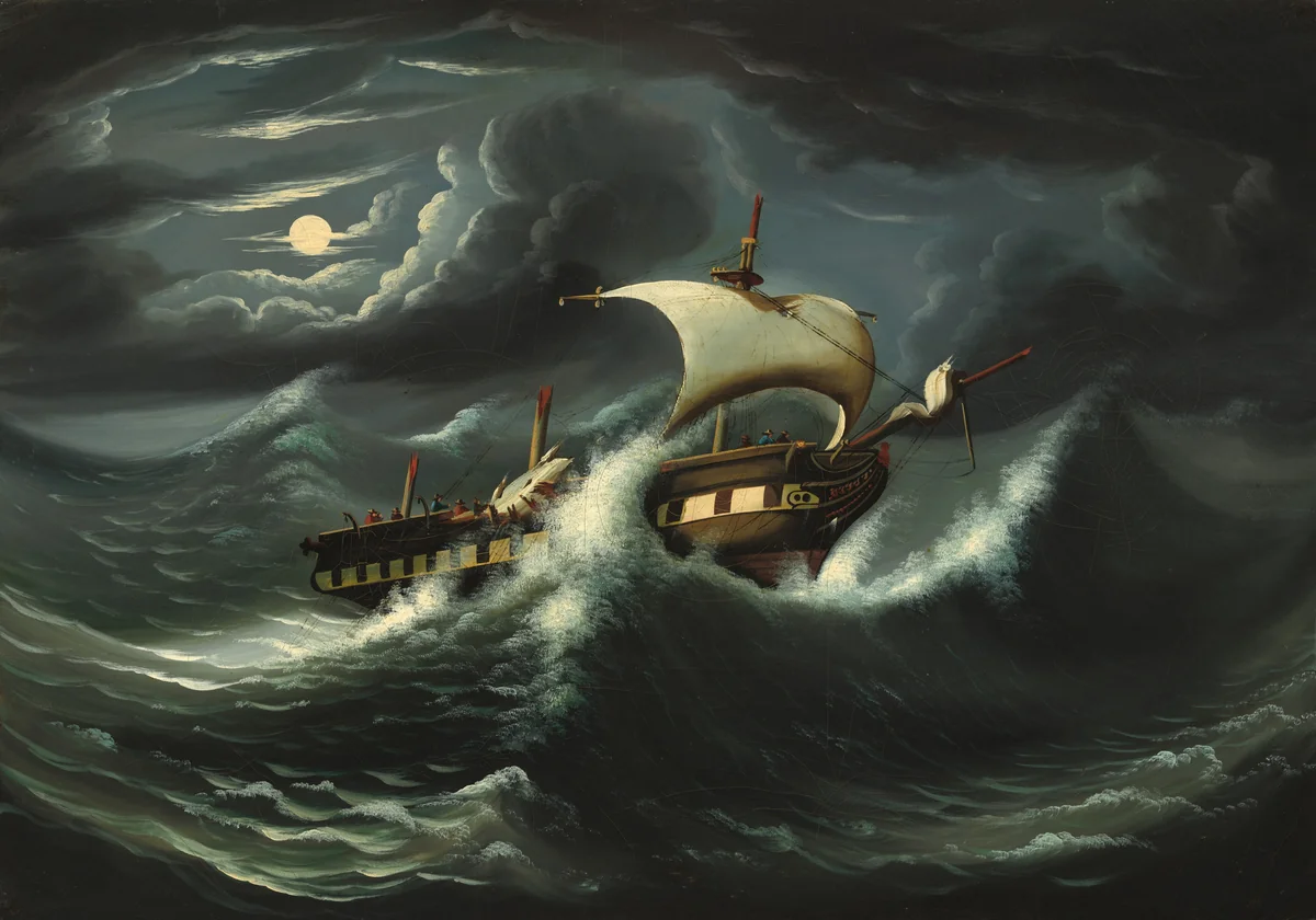 Storm-Tossed Frigate by Thomas Chambers, painting, 1825-1874