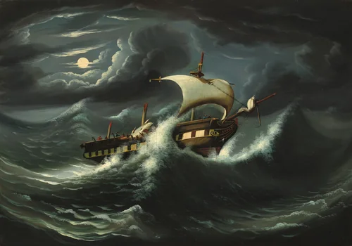 Storm-Tossed Frigate by Thomas Chambers, painting, 1825-1874