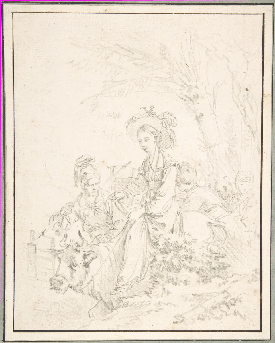 Peasant Girl Riding an Ox with Companions by François Boucher, drawing, 1715-1770