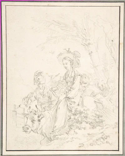 Peasant Girl Riding an Ox with Companions by François Boucher, drawing, 1715-1770