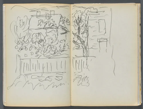 Sketchbook- The Granite Shore Hotel, Rockport, page 058 & 59: House and Fenced Garden by Maurice Prendergast, book, 1905-1910