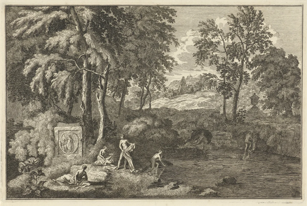 Arcadisch landschap met badende vrouwen bij een meertje by Adolf van der Laan, print, 1710-1747