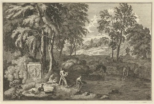 Arcadisch landschap met badende vrouwen bij een meertje by Adolf van der Laan, print, 1710-1747