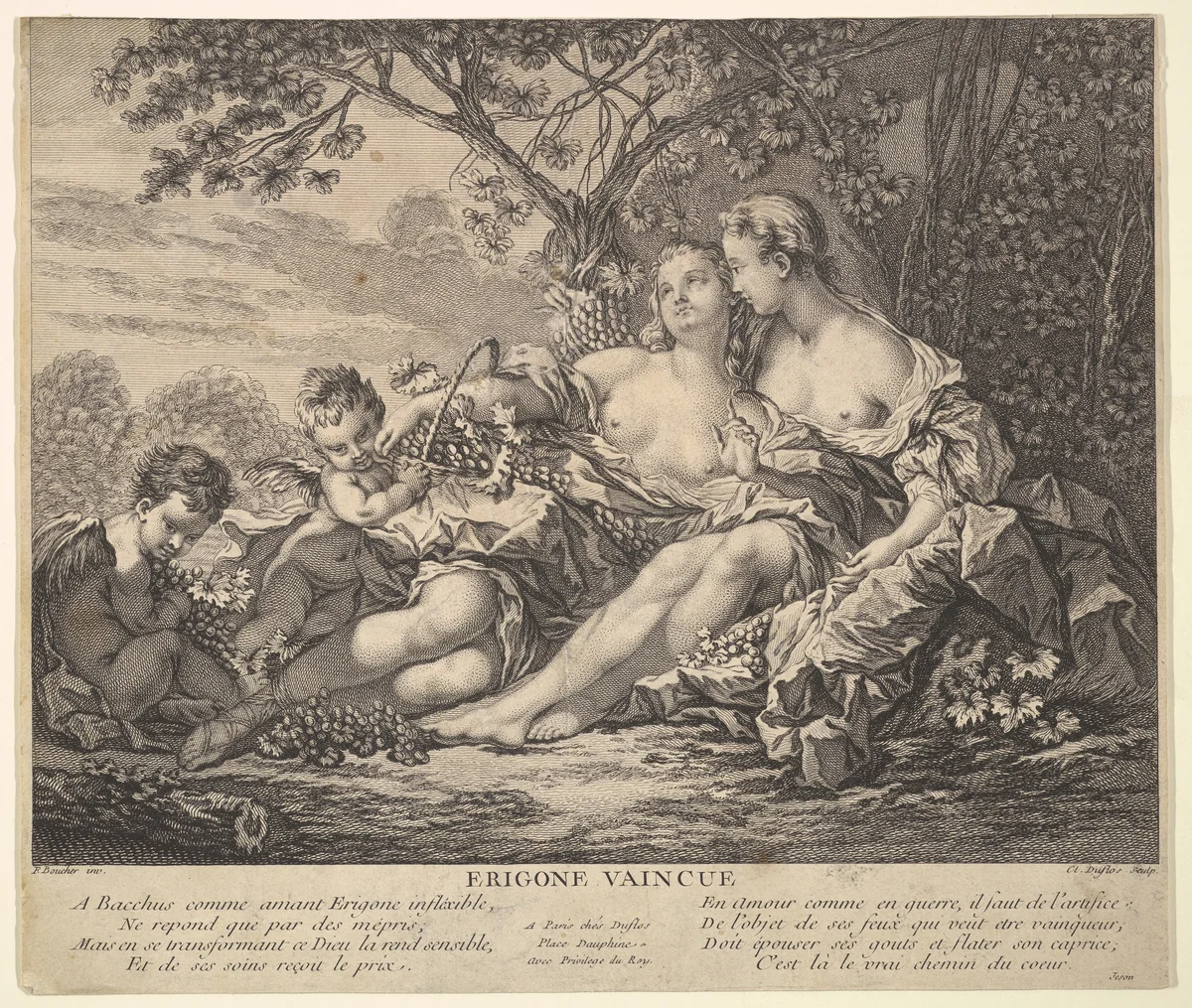 Erigone Vanquished by Claude Augustin Duflos le Jeune, print, 1740-1750