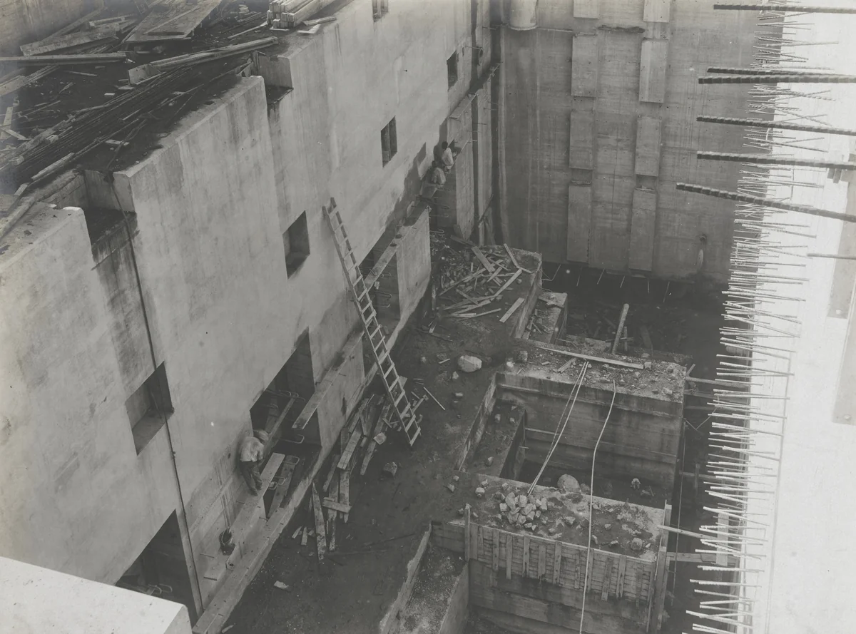 Balboa Terminals. Dry Dock #1. Bottom of pumpwell, before pump foundations and pumps were installed by Unidentified Photographer, photograph, 1915