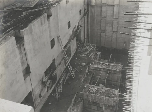 Balboa Terminals. Dry Dock #1. Bottom of pumpwell, before pump foundations and pumps were installed by Unidentified Photographer, photograph, 1915