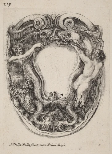 Cartouche Supported by Triton and Siren by Stefano della Bella, print, 1647