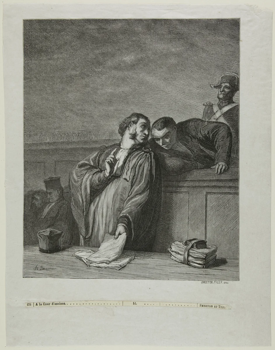 À la cour d'assises: L'avocat, debout, s'entretenant avec l'accusé by Burn Smeeton
Auguste Tilly
Honoré Victorin Daumier, print, 1878