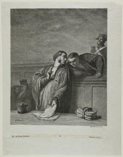 À la cour d'assises: L'avocat, debout, s'entretenant avec l'accusé by Burn Smeeton
Auguste Tilly
Honoré Victorin Daumier, print, 1878
