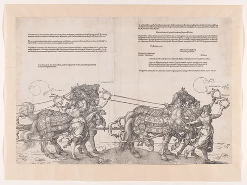 Vijfde en zesde span paarden met allegorieën by Albrecht Dürer, print, 1523