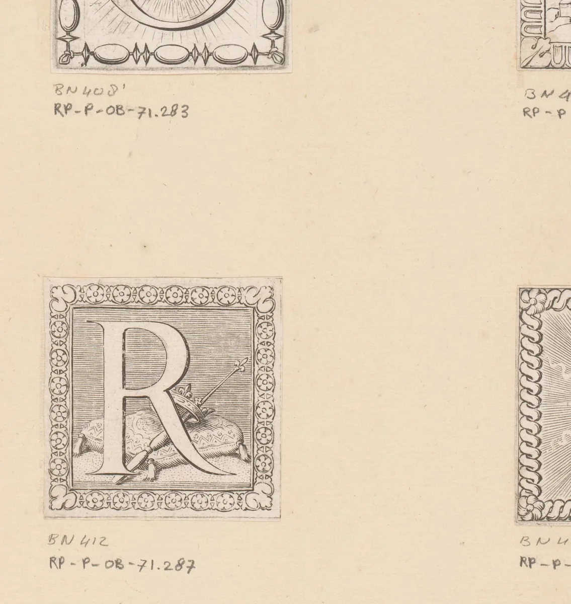 Letter R met kroon en scepter op een kussen by Claude Mellan, print, 1639-1643