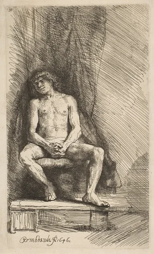 Nude Man Seated before a Curtain by Rembrandt van Rijn, print, 1646