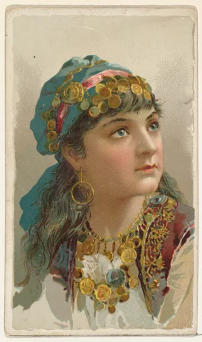 Actress wearing cloth headpiece decorated with gold coins, from Stars of the Stage, First Series (N129) issued by W. Duke, Sons & Co. to promote Honest Long Cut Tobacco by W. Duke, Sons & Co., print, 1890