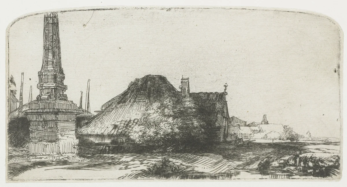 Cottage and boundary post on the Spaarndammerdijk ('L'Obelisque') by Rembrandt van Rijn, print, 1650