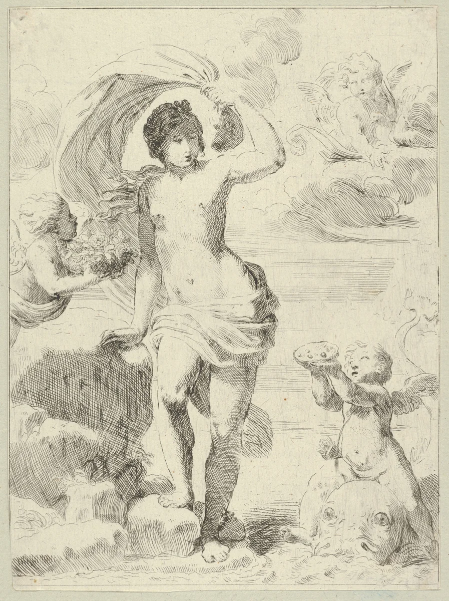 Venus stepping out of the sea, holding a billowing drapery in her left hand, Cupid at right offering pearls while riding a dolphin and a putto at left offering flowers, another in the clouds by anonymous, print, 1595-1645