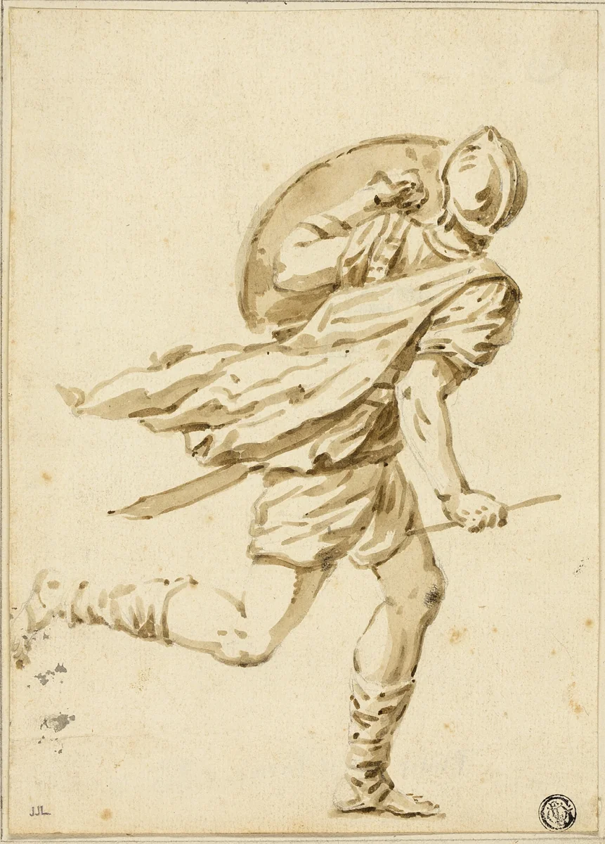 Running Roman Warrior, Seen from Back by Philippe Parizeau, drawing, 1760-1801