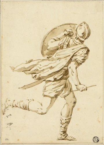 Running Roman Warrior, Seen from Back by Philippe Parizeau, drawing, 1760-1801