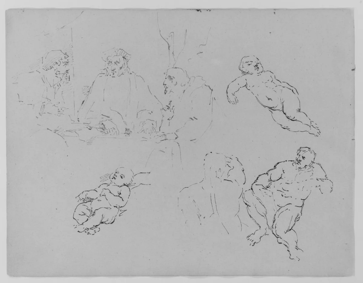 Three Seated Men Conversing; Two Recumbent Children; Back of an Athlete; Seated Male Figure (from Sketchbook) by Thomas Sully, artwork, 1810-1820