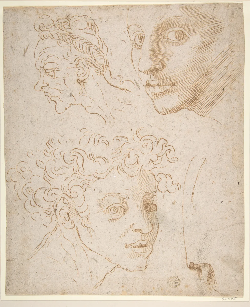 Three Heads after Michelangelo's Frescoes in the Sistine Chapel by anonymous, drawing, 1500-1600