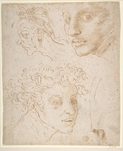 Three Heads after Michelangelo's Frescoes in the Sistine Chapel by anonymous, drawing, 1500-1600