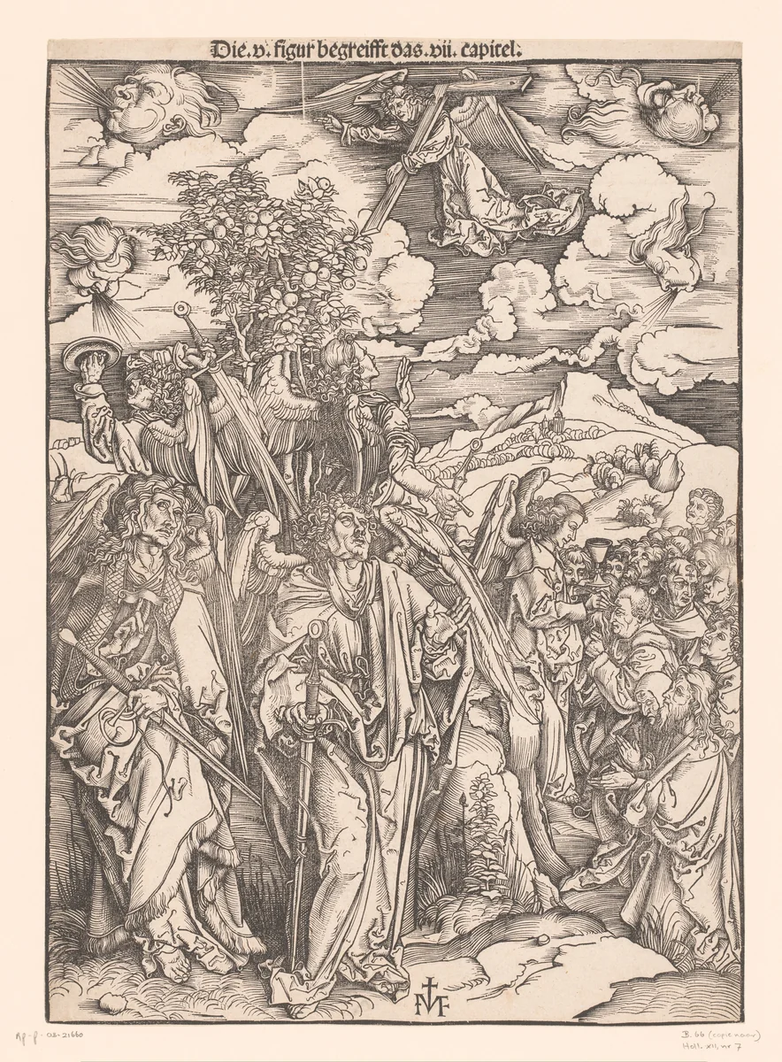 Engelen houden de winden tegen en de verzegeling van de uitverkorenen by Unknown, print, 1502
