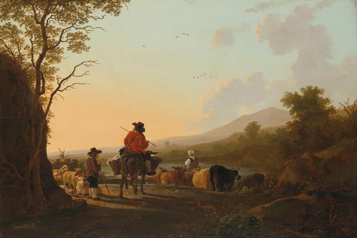 Landscape with Cattle Driver and Shepherd by Jacob van Strij, painting, 1780-1785