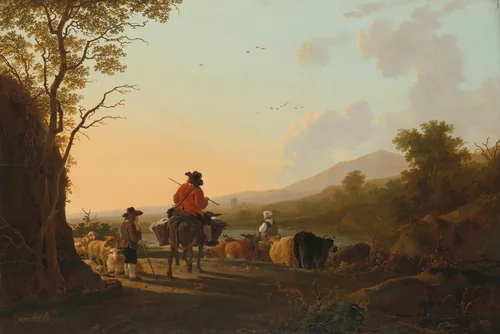 Landscape with Cattle Driver and Shepherd by Jacob van Strij, painting, 1780-1785