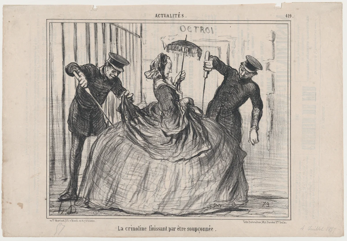 La crinoline finissant par être soupçonnée, from Actualités, published in Le Charivari, July 4, 1857 by Honoré Daumier, print, 1857