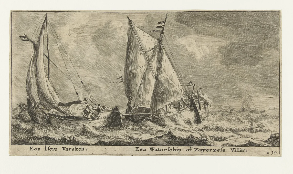 Twee schepen: een ijzeren varken en een waterschip by Reinier Nooms, print, 1652-1654