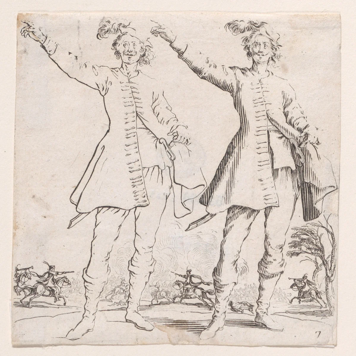 Le Turc Vu de Face, Levant le Bras Droit (Front View of the Turk, Raising his Right Arm), plate 7 from "Varie Figure" (Various Figures) by Jacques Callot, print, 1615-1625