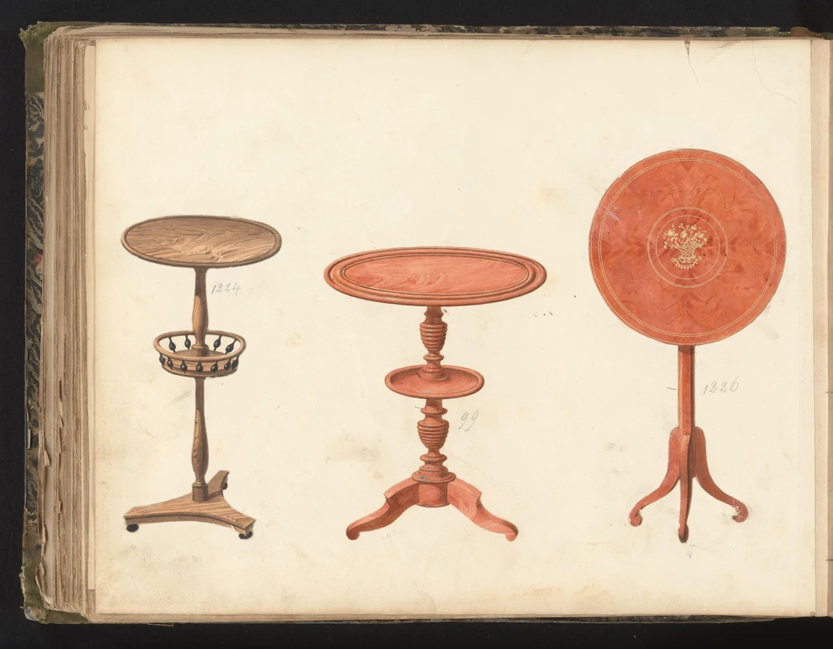 Drie ontwerpen voor gueridons by anonymous, drawing, 1825-1839