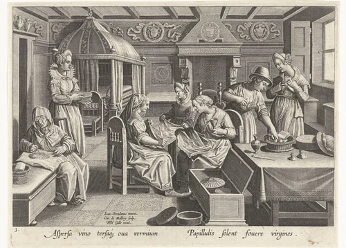 Incubatie van de zijdewormeieren by Karel van Mallery, print, 1595